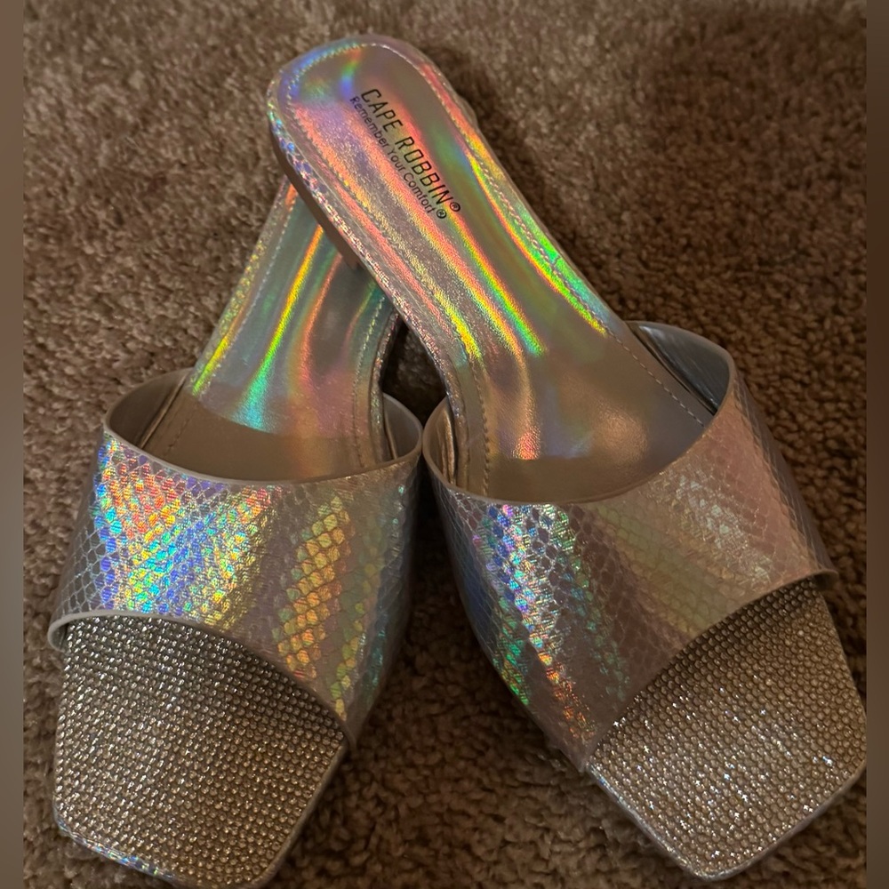Cape Robbin Iridescent Silver Slide Sandals